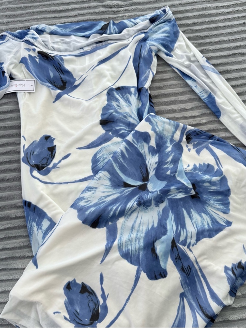 Elegant Blue Floral Off-Shoulder Dress